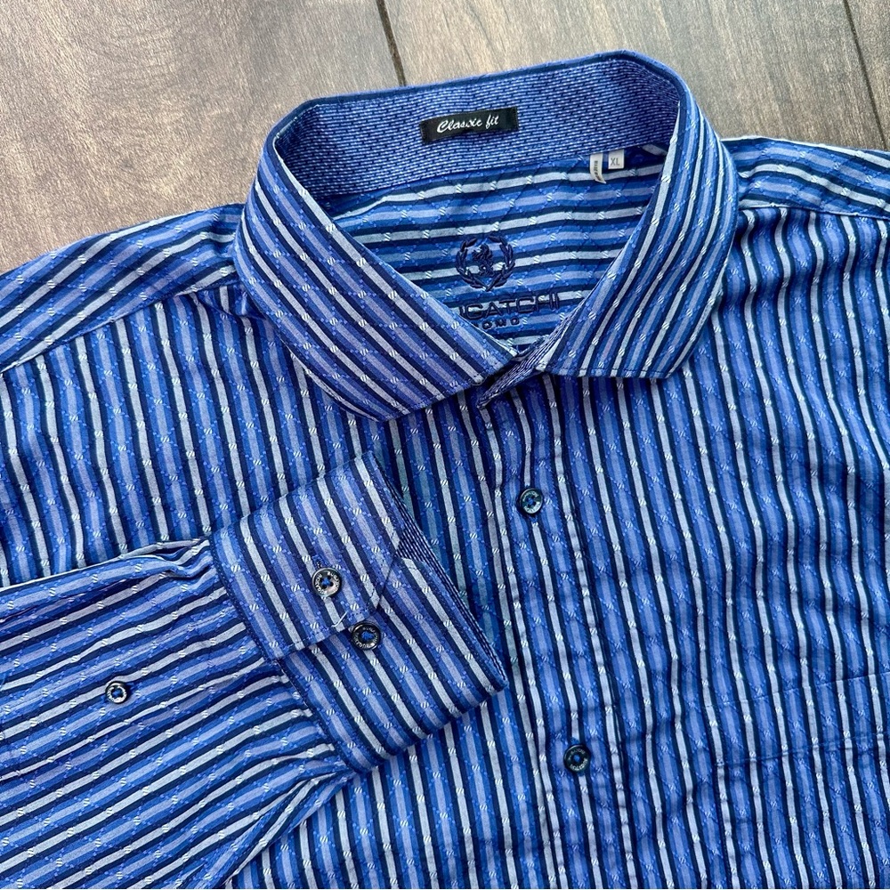Bugatchi Uomo Men’s Classic Fit XL Blue Striped Button Down - 100% Cotton